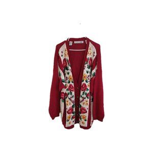 Vtg Hand Embroidered Floral Knit Red  Cardigan Womens 2X Cottagecore Grannycore